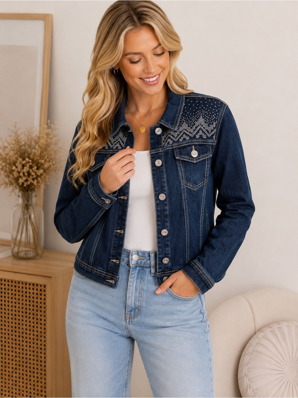 💙Glitterscape Embellished Dark Wash Denim Jacket XL Rhinestone Detail Stretch💙